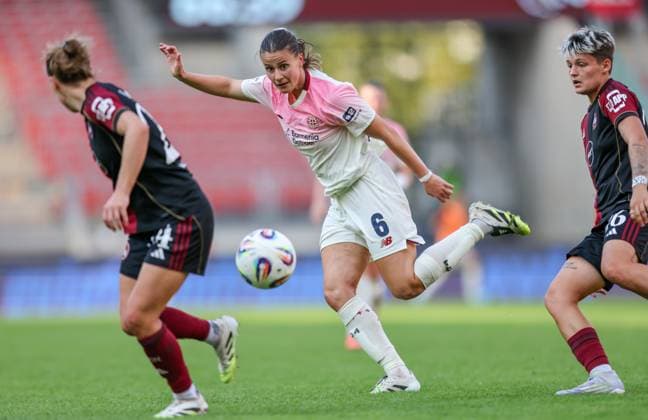 DEU, Nürnberg, FC Nürnberg vs Bayer Leverkusen, Google Pixel Bundesliga, DFB, Saison 2526, Max Morlock Stadion, 3 Spieltag, im Bild f l n r Nastassja Lein Nürnberg 24 , Katharina PiljiÄ‡ Bayer Leverkusen 6 DFB DFL REGULATIONS PROHIBIT ANY USE OF PHOTOGRAPHS AS IMAGE SEQUENCES AND OR QUASI VIDEO, 21 09 2025, Copyright: HMBxMedia HendrikxHamelau