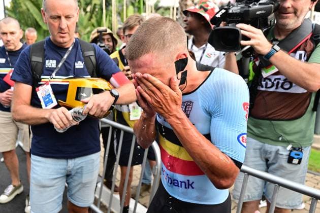 Belgian Remco Evenepoel celebrates at the arrival of the Men Elite Individual Time Trial race (40,8km) at the cycling road world championships, in Kigali, Rwanda, Sunday 21 September 2025. The 2025 UCI Road World Championships take place from 21 to 28 September in Kigali, Rwanda. DIRKxWAEM  x134916968x