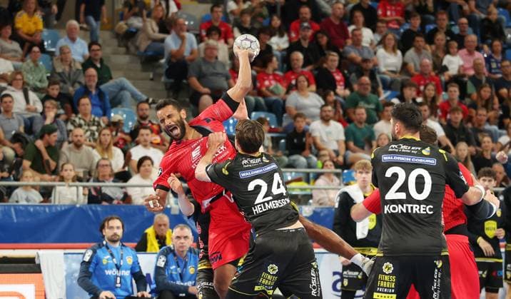 21 09 2025, Germany, Bietigheim, Handball 2 Bundesliga, SG BBM Bietigheim vs HSC 2000 Coburg, f l Djibril M Bengue BBM , Mikal Helmersson HSC