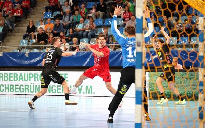 21 09 2025, Germany, Bietigheim, Handball 2 Bundesliga, SG BBM Bietigheim vs HSC 2000 Coburg, f l Jakob Knauer HSC , Fynn Luca Nicolaus BBM , Petros Boukovinas HSC