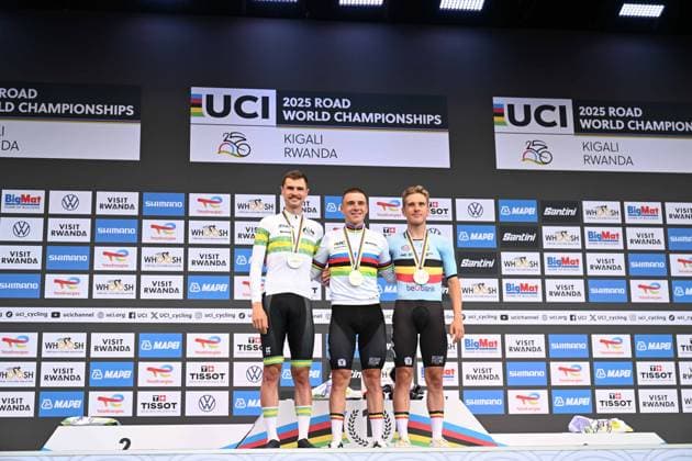 21-09-2025 World Championships Elite Cronometro; 2025, Soudal - Quick Step; 2025, Uae Team Emirates - Xrg; Evenepoel, Remco; Van Wilder, Ilan; Vine, Jai; Kigali; 