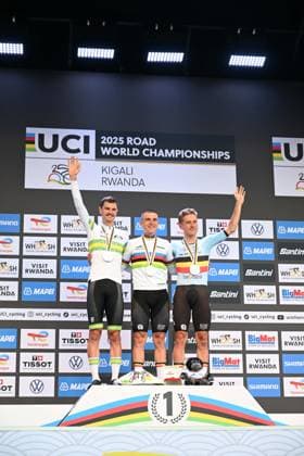 21-09-2025 World Championships Elite Cronometro; 2025, Soudal - Quick Step; 2025, Uae Team Emirates - Xrg; Evenepoel, Remco; Van Wilder, Ilan; Vine, Jai; Kigali; 