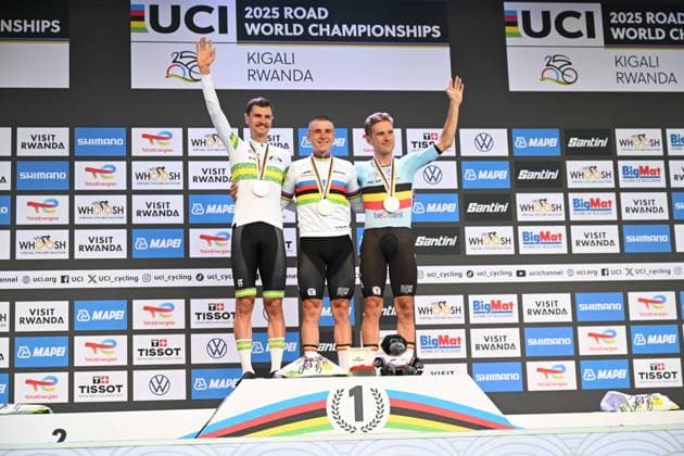 21-09-2025 World Championships Elite Cronometro; 2025, Soudal - Quick Step; 2025, Uae Team Emirates - Xrg; Evenepoel, Remco; Van Wilder, Ilan; Vine, Jai; Kigali; 
