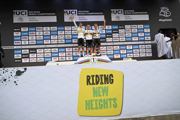 21-09-2025 World Championships Elite Cronometro; 2025, Soudal - Quick Step; 2025, Uae Team Emirates - Xrg; Evenepoel, Remco; Van Wilder, Ilan; Vine, Jai; Kigali; 