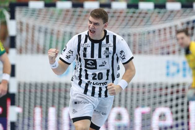 21 09 2025, xtgx, Handball Daikin HBL, SC DHfK Leipzig THW Kiel emspor, v l Lukas Laube Kiel, 20 Jubel, Torjubel, jubelt ueber das Tor, celebrate the goal, celebration Leipzig
