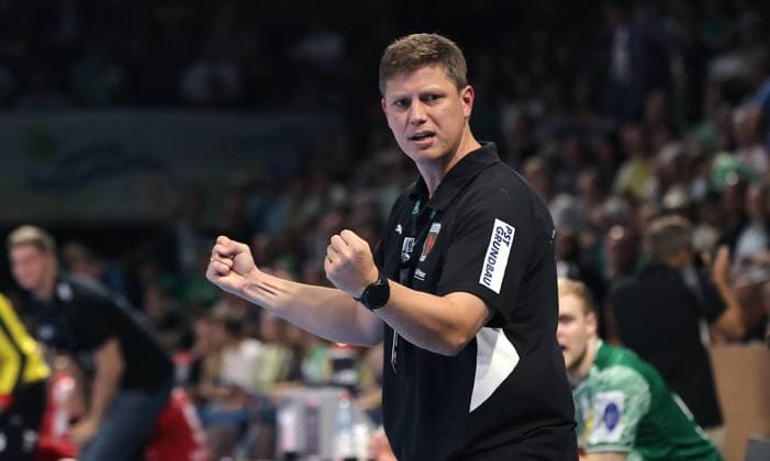Coach Nicolej Krickau cheers Joy Emotion Cheers Sport Handball HBL Bundesliga Men 5 Matchday Season 2025 2026 21 09 2025 Füchse Berlin vs MT Melsungen