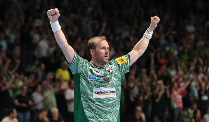 Max Darj cheers after the end of the game Joy Emotion Cheers Sport Handball HBL Bundesliga Men 5 Matchday Season 2025 2026 21 09 2025 Füchse Berlin vs MT Melsungen