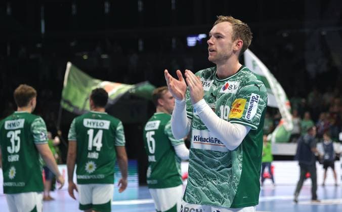 in front Mathias Gidsel, Füchse team cheers after the end of the match Joy Emotion Cheering Sport Handball HBL Bundesliga Men 5 Matchday Season 2025 2026 21 09 2025 Füchse Berlin vs MT Melsungen