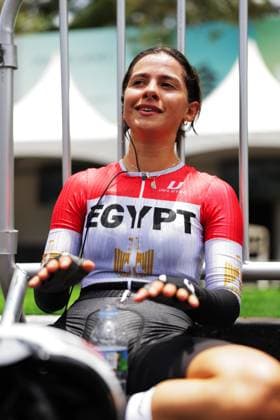 2025 UCI Road World Championships Picture by Alex Whitehead SWpix.com - 22 09 2025 - Cycling - 2025 UCI Road World Championships - BK Arena to Kigali Convention Centre, Kigali, Rwanda - Women Under-23 Individual Time Trial (ITT) - Alalaia Ahmed Benbella Darwish (Egypt) after the finish Copyright: x xSWpix.comx(t axPhotographyxHubxLtd)xAlexxWhitehead SWpix.comx SWP-3030-5464