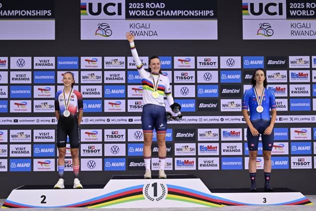 Slovak Viktoria Chladonova, British Zoe Backstedt and Italian Federica Venturelli celebrate on the podium of the Women U23 Individual Time Trial race (22,6km) at the cycling road world championships, in Kigali, Rwanda, Monday 22 September 2025. The 2025 UCI Road World Championships take place from 21 to 28 September in Kigali, Rwanda. DIRKxWAEM  x134990899x