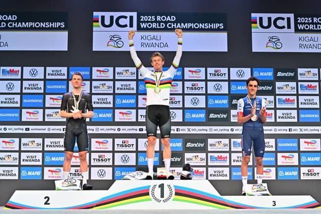 Söderqvist Jakob Pringle Nate Decomble Maxime Individual Time Trial Men U23 ITT Road World Championships 2025 Rwanda Söderqvist Jakob Sweden World Champion ahead of Pringle Nate New Zealand and Decomble Maxime France Individual Time Trial Men U23 Road World Championships 2025 Road World Championships 2025 UCI Cycling World Championships 31.2 km Kigali, Rwanda, World Championships WE ITT WC 22 09 2025