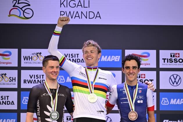 New Zealander Nate Pringle, Swedish Jakob Soderqvist and French Maxime Decomble pictured on the podium after the Men U23 Individual Time Trial race (31,2km) at the cycling road world championships, in Kigali, Rwanda, Monday 22 September 2025. The 2025 UCI Road World Championships take place from 21 to 28 September in Kigali, Rwanda. DIRKxWAEM  x135007435x