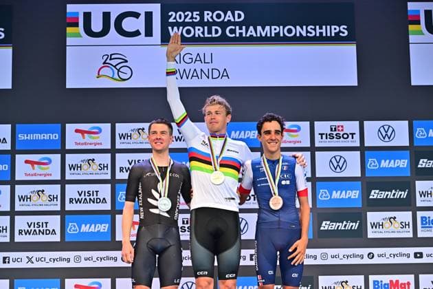 Söderqvist Jakob Pringle Nate Decomble Maxime Individual Time Trial Men U23 ITT Road World Championships 2025 Rwanda Söderqvist Jakob Sweden World Champion ahead of Pringle Nate New Zealand and Decomble Maxime France Individual Time Trial Men U23 Road World Championships 2025 Road World Championships 2025 UCI Cycling World Championships 31.2 km Kigali, Rwanda, World Championships WE ITT WC 22 09 2025
