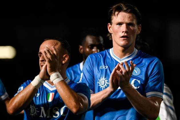 Stanislav Lobotka and Scott McTominay of SSC Napoli celebrate at the end of the Serie A 2025 2026 football match between SSC Napoli and Pisa SC 1909 at Diego Armando Maradona stadium in Naples (Italy), September 22, 2025. andreaxstaccioli