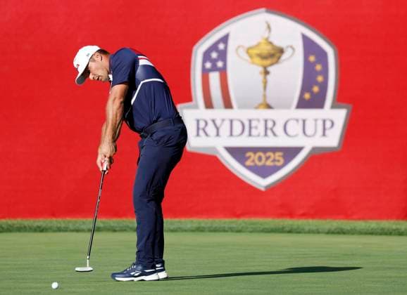 U.S. Ryder Cup team member Bryson DeChambeau practices putting on the Monday before the 45th Ryder Cup at The Black Course at Bethpage State Park in Farmingdale, New York on Monday, September 22, 2025. Europe is the holder of the Ryder Cup after its win over the United States in 2023 at Marco Simone Golf and Country Club.  RYD20250922103 JOHNxANGELILLO