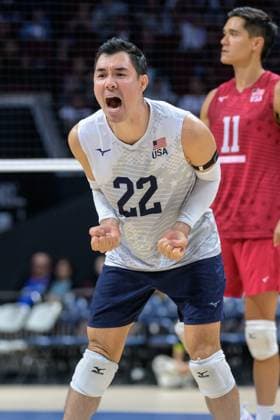 September 22, 2025, Pasay City, Manila, Philippines: USA vs Slovenia during the FIVB Mens Volleyball World Championship, WM, Weltmeisterschaft 2025 in Manila, Philippines. USA and Slovenia at 1 set all. USA lead in the 3rd set. USA celebrates. Erik SHOJI Pasay City Philippines - ZUMAr144 20250922_zap_r144_021 Copyright: xJaynexRussellx