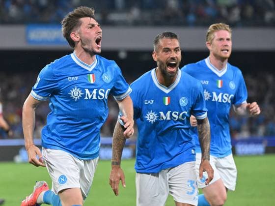 (250923) -- NAPLES, Sept. 23, 2025 -- Napoli s Billy Gilmour (L) celebrates his goal with teammates during a Serie A football match between Napoli and Pisa in Naples, Italy, Sept. 22, 2025. (Photo by Xinhua) (SP)ITALY-NAPLES-FOOTBALL-SERIE A-NAPOLI VS PISA AlbertoxLingria 