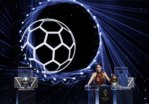 (250923) -- PARIS, Sept. 23, 2025 -- Barcelona s Spanish midfielder Aitana Bonmati speaks on stage as she receives the Woman Ballon d Or award during the 2025 Ballon d Or France Football award ceremony at the Theatre du Chatelet in Paris, France, on Sept. 22, 2025. ) (SP)FRANCE-PARIS-FOOTBALL-BALLON D OR CEREMONY GaoxJing 