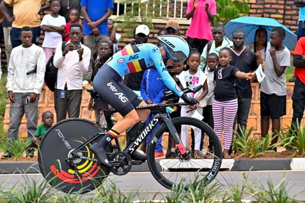 UCI 2025 Road World Championship, WM, Weltmeisterschaft Kigali 23 09 2025 KIGALI, RWANDA - SEPTEMBER 23 : Five Laura (BEL) during the Women Junior Individual Time Trial of the UCI Road World Championships 2025 92nd edition an UCI World Championships cycling race of 22.6 km with start in Kigali and finish in Kigali on September 23, 2025 in Kigali, Rwanda, 23 09 2025 Kigali Rwanda  Copyright: xJanxDexMeuleneirx