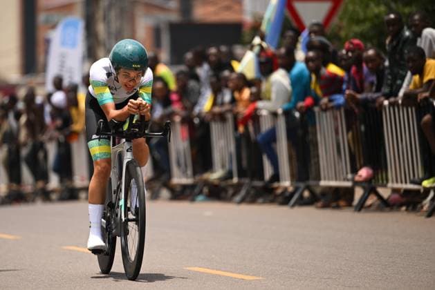 2025 UCI Road World Championships Picture by Chris Auld SWpix.com - 23 09 2025 - Cycling - 2025 UCI Road World Championships - BK Arena to Kigali Convention Centre, Kigali, Rwanda - Women Junior Individual Time Trial (ITT) Podium - Tully Schweitzer (Australia) Copyright: x xSWpix.comx(t axPhotographyxHubxLtd)xChrisxAuld SWpix.comx SWP-3030-5965
