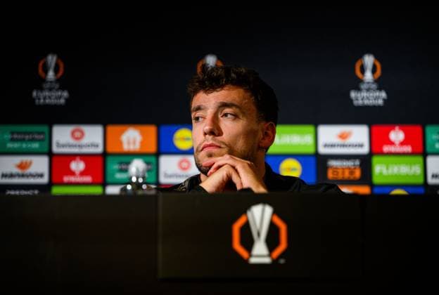 250923 Colin Rösler of Malmö FF at a press conference on September 23, 2025 in Malmö Photo Ludvig Thunman BILDBYRAN kod LT LT0729 fotboll football soccer fotball uefa europa league europa league presskonferens press conference malmö ff bbeng  Copyright: LUDVIGxTHUNMAN BB250923LT047