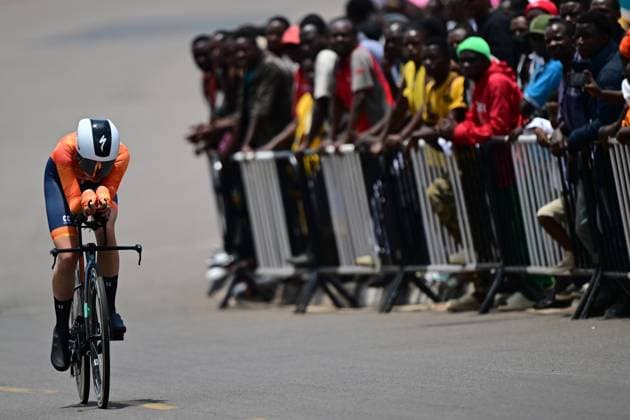 Final winner world champion Dutch Megan Arens pictured in action during the Women Junior Individual Time Trial race (18,3km) at the cycling road world championships, in Kigali, Rwanda, Tuesday 23 September 2025. The 2025 UCI Road World Championships take place from 21 to 28 September in Kigali, Rwanda. DIRKxWAEM  x135069539x