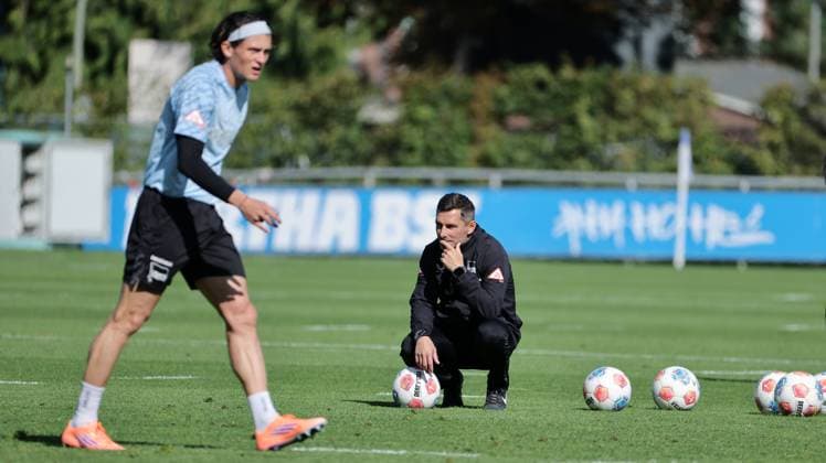 Fabian Reese, Coach Stefan Leitl Sport Football Soccer Season 2025 2026 2 Bundesliga Men DFL 23 09 2025 Training Hertha BSC Berlin DFL regulations prohibit any use of photographs as image sequences and or quasi video
