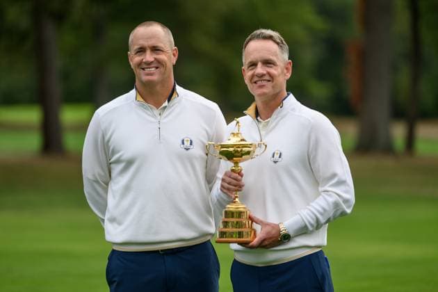 250923 Vice Captain Alex Norén and Team Captain Luke Donald pose for a photo during a photo session on day 3 of the Ryder Cup on September 23, 2025 in New York Photo Jesper Zerman BILDBYRAN kod JZ JZ0614 golf ryder cup usa europe bbeng  Copyright: JESPERxZERMAN BB250923JZ005