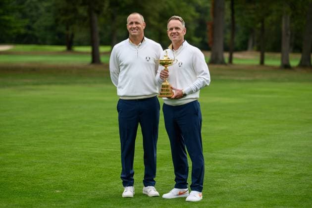 250923 Vice Captain Alex Norén and Team Captain Luke Donald pose for a photo during a photo session on day 3 of the Ryder Cup on September 23, 2025 in New York Photo Jesper Zerman BILDBYRAN kod JZ JZ0614 golf ryder cup usa europe bbeng  Copyright: JESPERxZERMAN BB250923JZ007