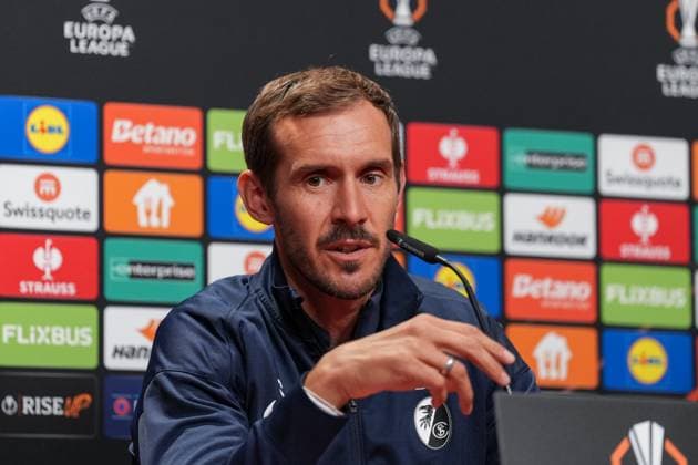 Julian Schuster SC Freiburg, Coach , Press conference of SC Freiburg before the first Europa League match in the league phase, Press conference, Germany, Football, UEFA Europa League, 1 matchday, 2025 2026, SC Freiburg vs FC Basel, 23 09 2025, Press conference of SC Freiburg before the first Europa League match in the league phase, Press conference, Switzerland, Europa Park Stadion, Freiburg, Germany Freiburg Europa Park Stadion Baden Württemberg Germany Copyright: xArnexAmbergx