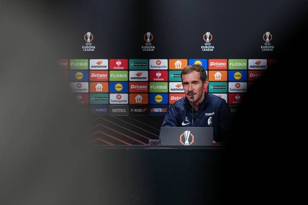 Julian Schuster SC Freiburg, Coach , Press conference of SC Freiburg before the first Europa League match in the league phase, Press conference, Germany, Football, UEFA Europa League, 1 matchday, 2025 2026, SC Freiburg vs FC Basel, 23 09 2025, Press conference of SC Freiburg before the first Europa League match in the league phase, Press conference, Switzerland, Europa Park Stadion, Freiburg, Germany Freiburg Europa Park Stadion Baden Württemberg Germany Copyright: xArnexAmbergx