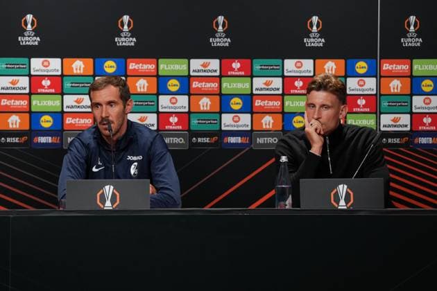 Julian Schuster SC Freiburg, Coach and Maximilian Eggestein SC Freiburg, 08 , Press conference of SC Freiburg before the first Europa League match in the league phase, Press conference, Germany, Football, UEFA Europa League, Matchday 1, 2025 2026, SC Freiburg vs FC Basel, 23 09 2025, Press conference of SC Freiburg before the first Europa League match in the league phase, Press conference, Switzerland, Europa Park Stadion, Freiburg, Germany Freiburg Europa Park Stadion Baden Württemberg Germany Copyright: xArnexAmbergx