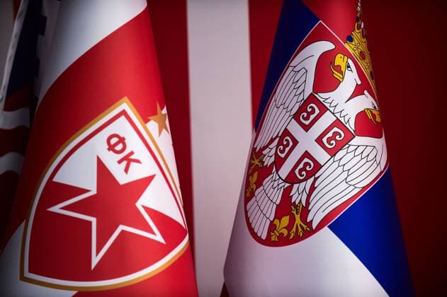 View of flags of Crvena Zvezda and Serbia Celtic Training Session and press conference, PK, Pressekonferenz UEFA Europa League, Football, Rajko Mitic Stadium, Belgrade, Serbia - 23 Sep 2025Belgrade Rajko Mitic Stadium Serbia EDITORIAL USE ONLY No use with unauthorised audio, video, data, fixture lists, club league logos or live services. Online in-match use limited to 120 images, no video emulation. No use in betting, games or single club league player publications. Copyright: xNikolaxKrstic Shutterstockx 15498416c