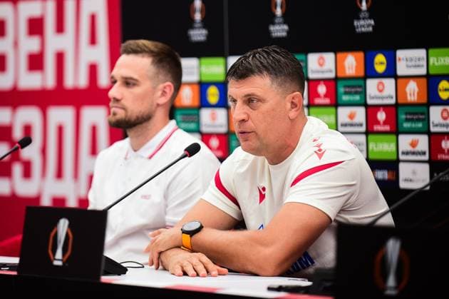 Head Coach Vladan Milojevic of Crvena Zvezda and Timi Max Elsnik of Crvena Zvezda Celtic Training Session and press conference, PK, Pressekonferenz UEFA Europa League, Football, Rajko Mitic Stadium, Belgrade, Serbia - 23 Sep 2025Belgrade Rajko Mitic Stadium Serbia EDITORIAL USE ONLY No use with unauthorised audio, video, data, fixture lists, club league logos or live services. Online in-match use limited to 120 images, no video emulation. No use in betting, games or single club league player publications. Copyright: xNikolaxKrstic Shutterstockx 15498416z