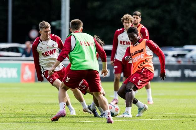Training 1 FC Köln 23 09 2025 duel Isak Johannesson 1 FC Köln, 18 , Ragnar Ache 1 FC Köln, 9 Training 1 FC Köln Geissbockheim, 23 09 2025 Copyright: xBEAUTIFULxSPORTS Wunderlx