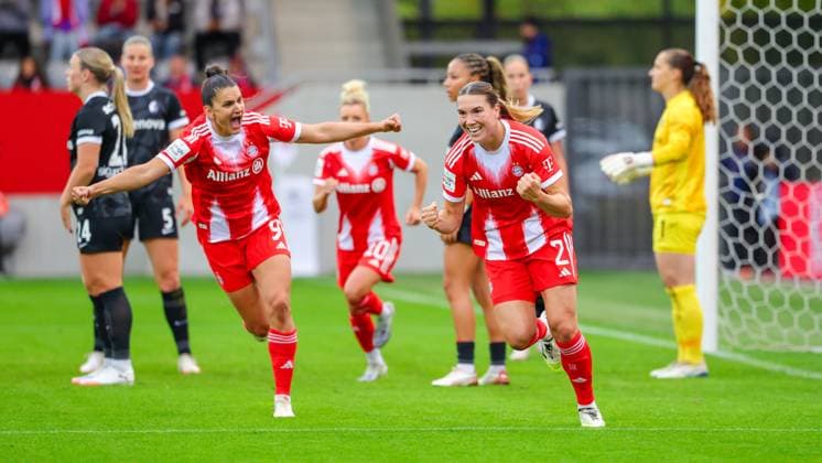 Vanessa Gilles 2, FC Bayern Munich and Jovana Damnjanovic 9, FC Bayern Munich Goal for 1 0 at the match between FC Bayern Munich v SC Freiburg, Football, Women, Google Pixel Womens Bundesliga, 2025 2026, Matchday 4 on 23 09 2025 in Munich, FC Bayern Campus DFL and DFB regulations prohibit any use of photographs as image sequences and or quasi video Bayern Germany