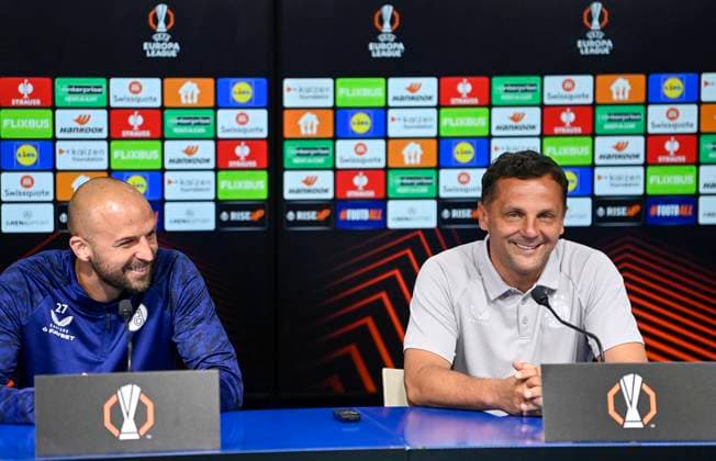 PXL_GNK DInamo UEFA press GNK DInamo player Josip Misic and head coach Mario Kovacevic during press conference, PK, Pressekonferenz on the occasion of UEFA Europe League match with Fenerbahce F.K. in Zagreb, Croatia on 23. September 2025.  IgorxSoban PIXSELL