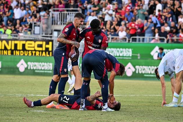 Nicolo Cavuoti of Cagliari Calcio, Esultanza, Joy, Celebration After scoring goal, during Cagliari Calcio vs Frosinone Calcio, Italian football Coppa Italia match in Cagliari, Italy, September 23 2025  Copyright: xLuigixCanu IPAxSportx xipa-agency.netx xx IPA_65607221 IPA_Agency_IPA65607221