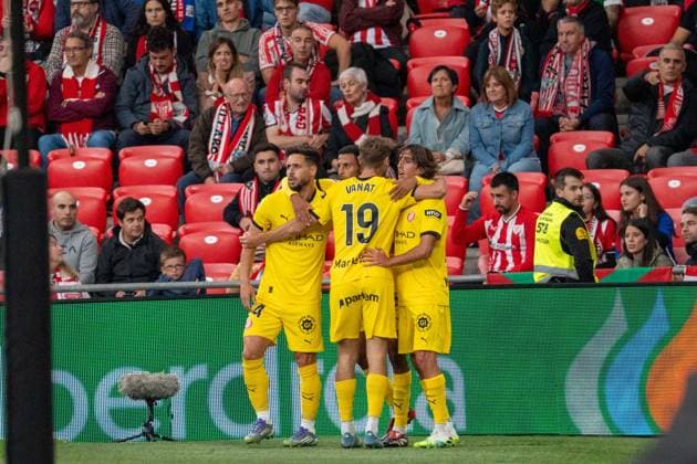Girona FC celebrates after scoring during La Liga game between Athletic de Bilbao and Girona at San Mamés, Bilbao, Spain.  Copyright: xAndresxLopezxSheridanxx xSPPx Sportspressphoto_SPR30427