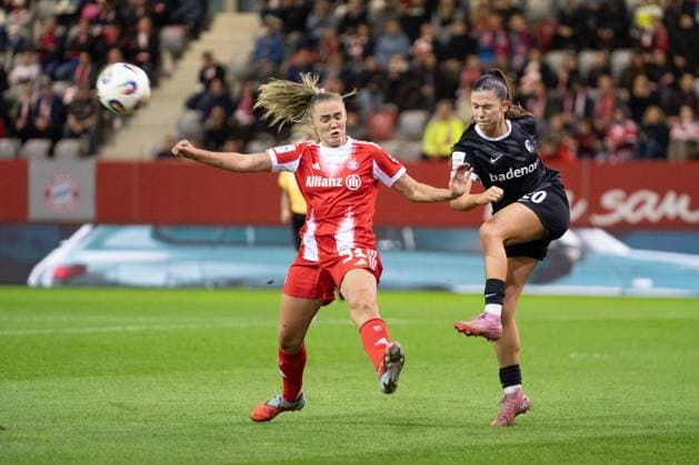 Georgia Stanway 31 FC Bayern and Leela Egli 20 Freiburg in action at the Google Pixel Womens Bundesliga match FC Bayern Munich SC Freiburg on 23 09 2025 Munich FC Bayern Campus Bayern Germany