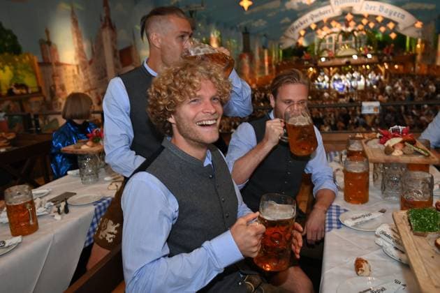 Jesper VERLAAT 1860 Muenchen , hi Marvin Lee RITTMUELLER TSV 1860 Muenchen , Thore JAOCBSEN TSV 1860 Muenchen , TSV 1860 Muenchen at the 190 Oktoberfest 2025 on 23 09 2025 in the Hacker Festzelt