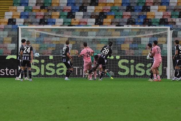 Palermo s Patryk Peda celebrates after scoring the 2-1 goal for his team during the Frecciarossa Italian Cup 2025 2026 soccer match between Udinese and Palermo at Stadio Bluenergy in Udine , North Italy , Tuesday , September 23, 2025. - Soccer  Copyright: xAndreaxBressanutti LaPressex