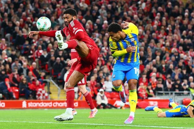 Joe Gomez of Liverpool clears from Cameron Archer of Southampton Liverpool v Southampton, EFL Carabao Cup, Third Round, Football, Anfield, Liverpool, UK - 23 Sep 2025Liverpool Anfield United Kingdom EDITORIAL USE ONLY No use with unauthorised audio, video, data, fixture lists, club league logos or live services. Online in-match use limited to 120 images, no video emulation. No use in betting, games or single club league player publications. Copyright: xPaulxCurrie Shutterstockx 15498466bj
