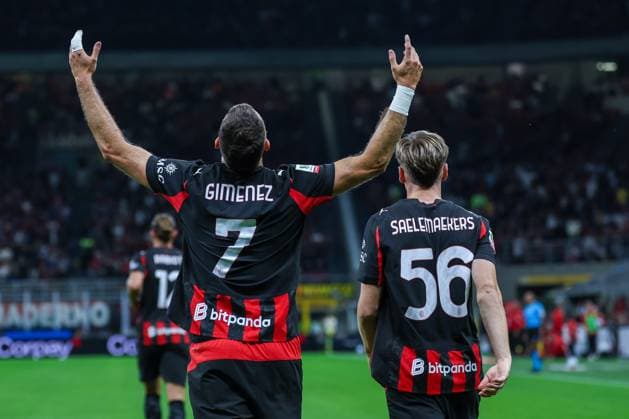 AC Milan vs US Lecce Coppa Italia 2025 26 23 09 2025 Santiago Gimenez of AC Milan celebrates after scoring a goal during Coppa Italia 2025 26 football match between AC Milan and US Lecce at San Siro Stadium Copyright: xBEAUTIFULxSPORTS Carabellix