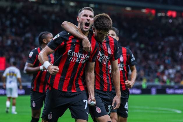 Santiago Gimenez of AC Milan celebrates after scoring a goal during Coppa Italia 2025 26 football match between AC Milan and US Lecce at San Siro Stadium  Copyright: xFabrizioxCarabelli IPAxSportx xipa-agency.netx xx IPA_65613448 IPA_Agency_IPA65613448