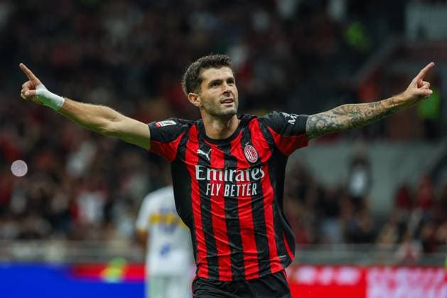 Christian Pulisic of AC Milan celebrates after scoring a goal during Coppa Italia 2025 26 football match between AC Milan and US Lecce at San Siro Stadium  Copyright: xFabrizioxCarabelli IPAxSportx xipa-agency.netx xx IPA_65615940 IPA_Agency_IPA65615940