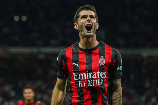 Christian Pulisic of AC Milan celebrates after scoring a goal during Coppa Italia 2025 26 football match between AC Milan and US Lecce at San Siro Stadium  Copyright: xFabrizioxCarabelli IPAxSportx xipa-agency.netx xx IPA_65615954 IPA_Agency_IPA65615954