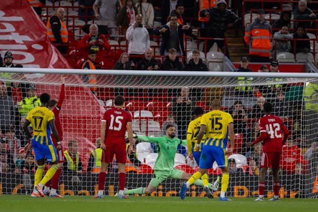 Football - Football League Cup - 3rd Round - Liverpool FC v Southampton FC LIVERPOOL, ENGLAND - Tuesday, September 23, 2025: Liverpool s goalkeeper Giorgi Mamardashvili is unable to save Southampton™s Shea Charles equalising goal during the Football League Cup 3rd Round match between Liverpool FC and Southampton FC at Anfield. (Photo by David Rawcliffe Propaganda) LIVERPOOL Anfield MERSEYSIDE ENGLAND  Copyright: xDavidxRawcliffex P2025-09-23-Liverpool_Southampton-63