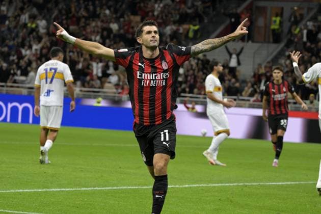 Foto IPP Paolo Bona Milano 23 09 2025 Coppa Italia di Calcio stagione 2025 2026 partita Milan-Lecce Nella foto Christian Pulisic esulta dopo il gol del 3-0 Italy Photo Press Worldwide Copyright italy Italy ITALY  Copyright: xR4924_italyphotopressx