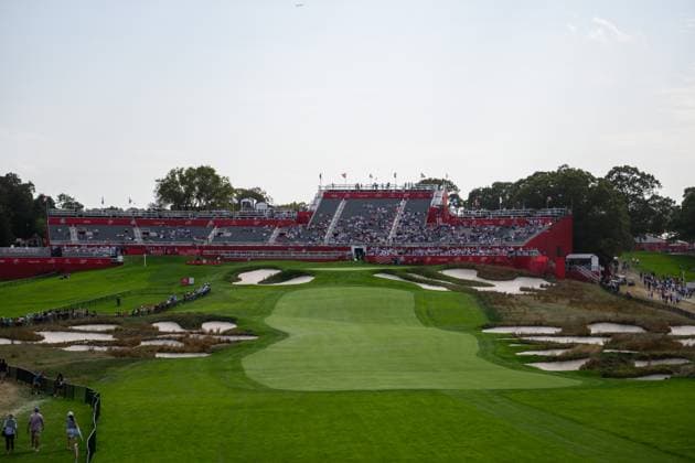 250923 View of the 18th hole during a practice round on day 3 of the Ryder Cup on September 23, 2025 in New York Photo Jesper Zerman BILDBYRAN kod JZ JZ0614 golf ryder cup usa europe bbeng  Copyright: JESPERxZERMAN BB250923JZ081
